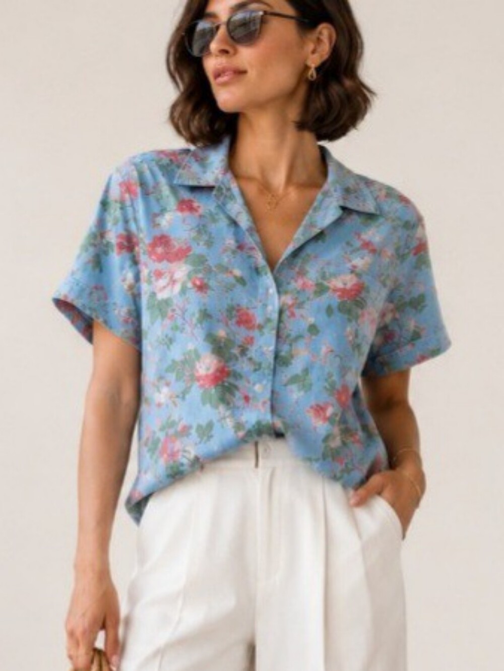 Vintage Gloria Vanderbilt Floral Denim Chambray Shirt - Size L